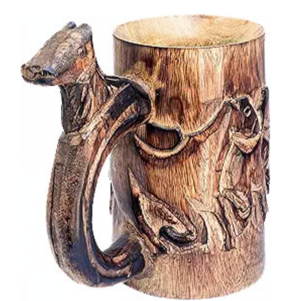 Retro Brown Wood Mug with Horse Design - Handmade Tankard Stein 17oz