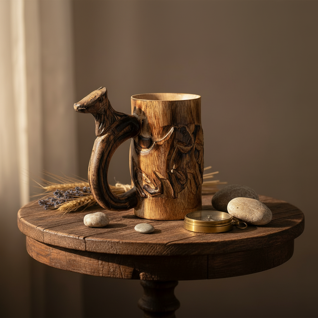 Retro Brown Wood Mug with Horse Design - Handmade Tankard Stein 17oz