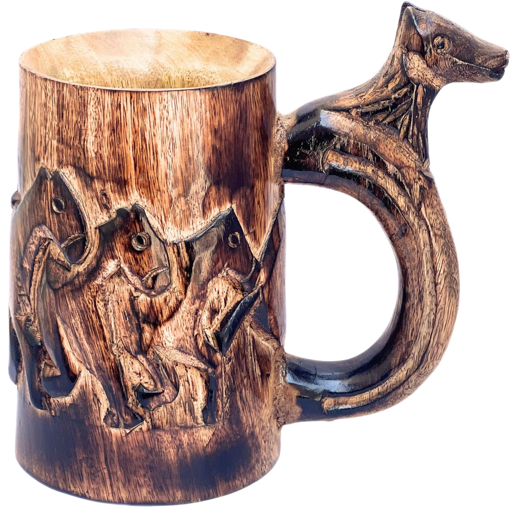 Retro Brown Wood Mug with Horse Design - Handmade Tankard Stein 17oz