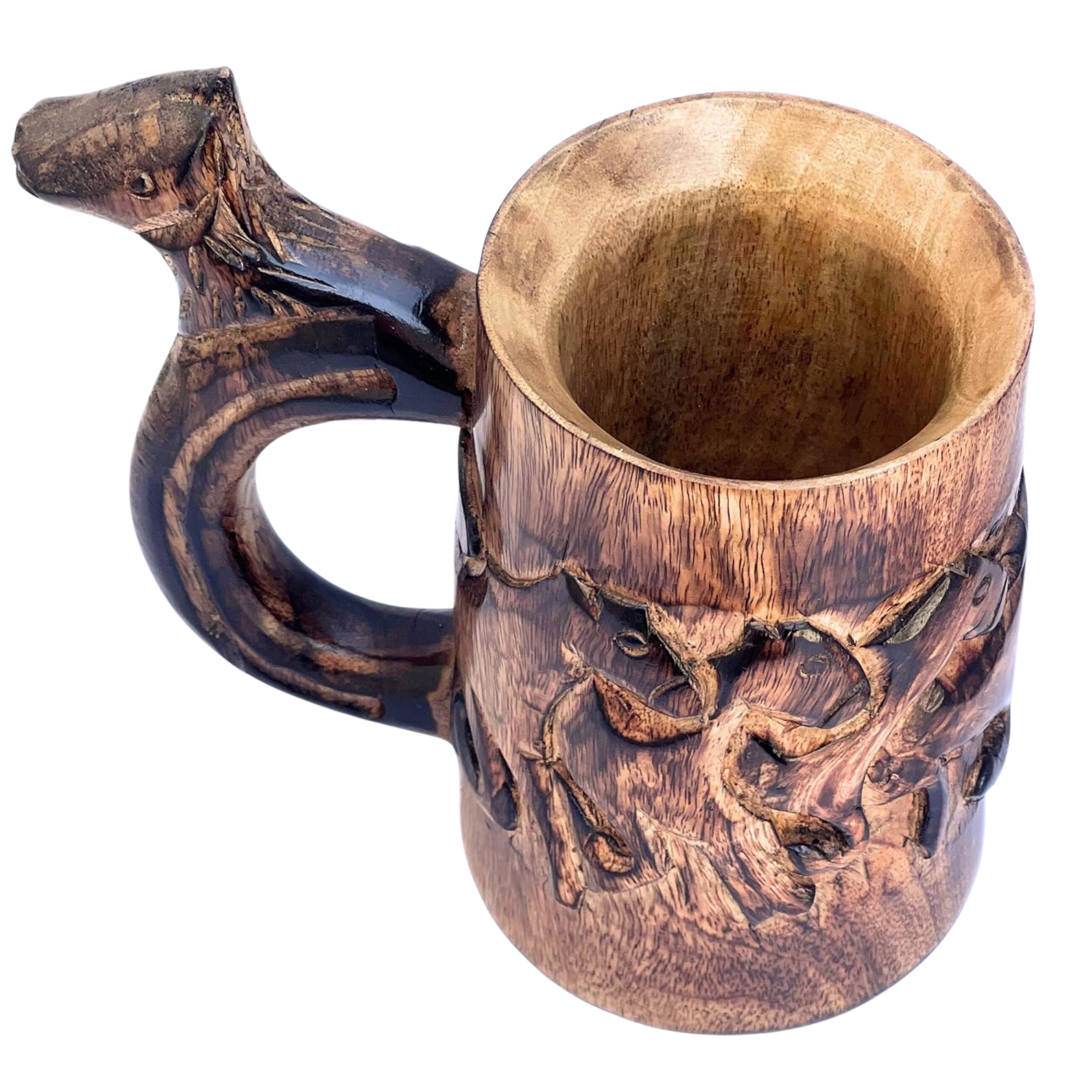 Retro Brown Wood Mug with Horse Design - Handmade Tankard Stein 17oz