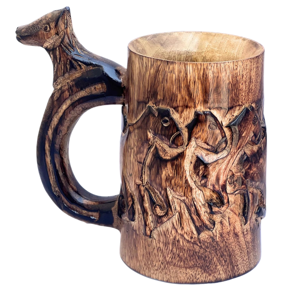 Retro Brown Wood Mug with Horse Design - Handmade Tankard Stein 17oz