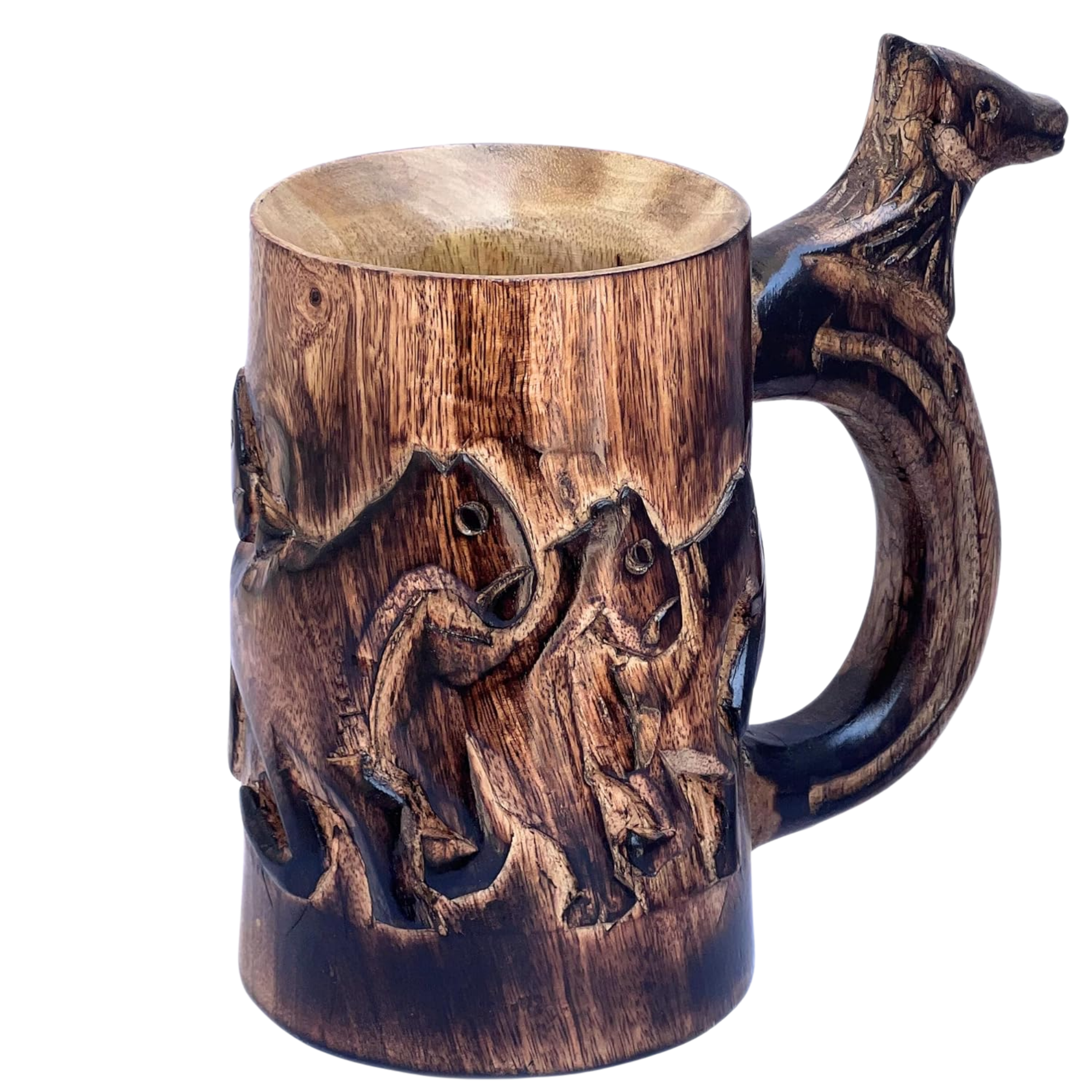 Retro Brown Wood Mug with Horse Design - Handmade Tankard Stein 17oz
