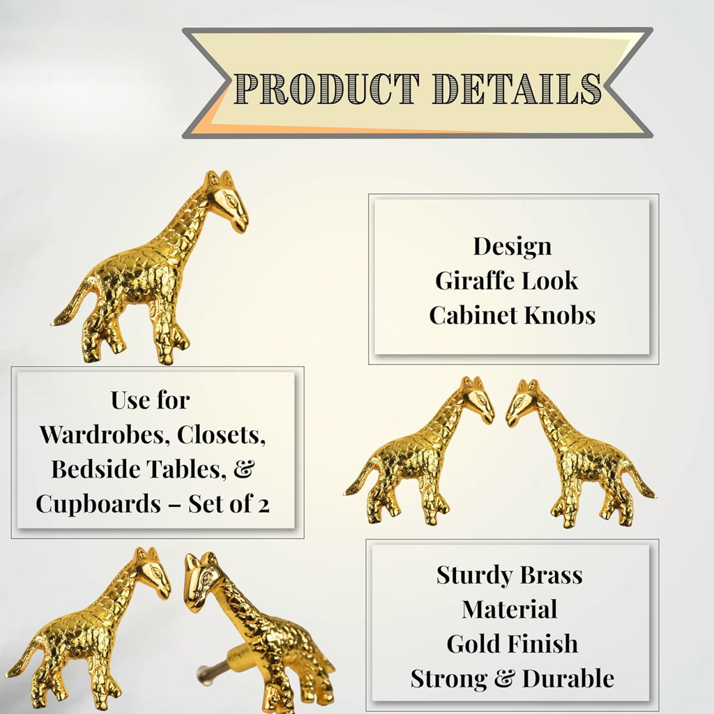 Vintage Shiny Brass Giraffe Cabinet Knob – Unique Animal Drawer Pull Handle for Room Dresser Cupboard & Closet Nature Theme Furniture Hardware
