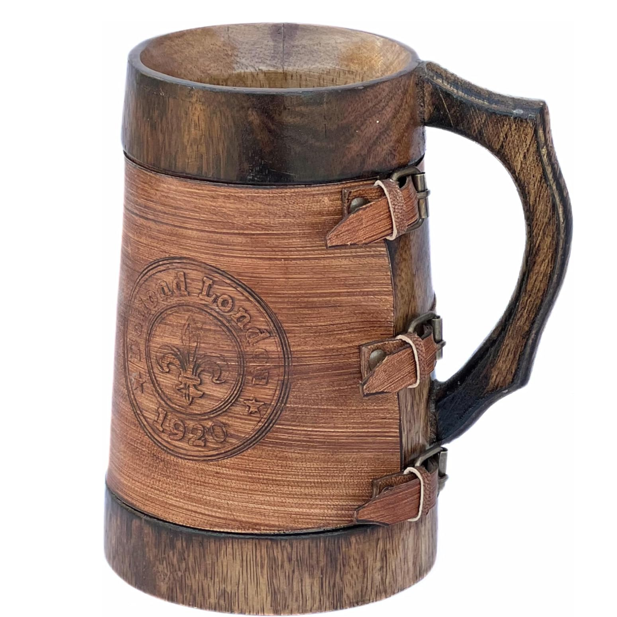 Antique Wooden Coffee Mug with Leather Wrap - Hand Carved Rustic Tankard 400ml