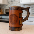 Antique Wooden Coffee Mug with Leather Wrap - Hand Carved Rustic Tankard 400ml