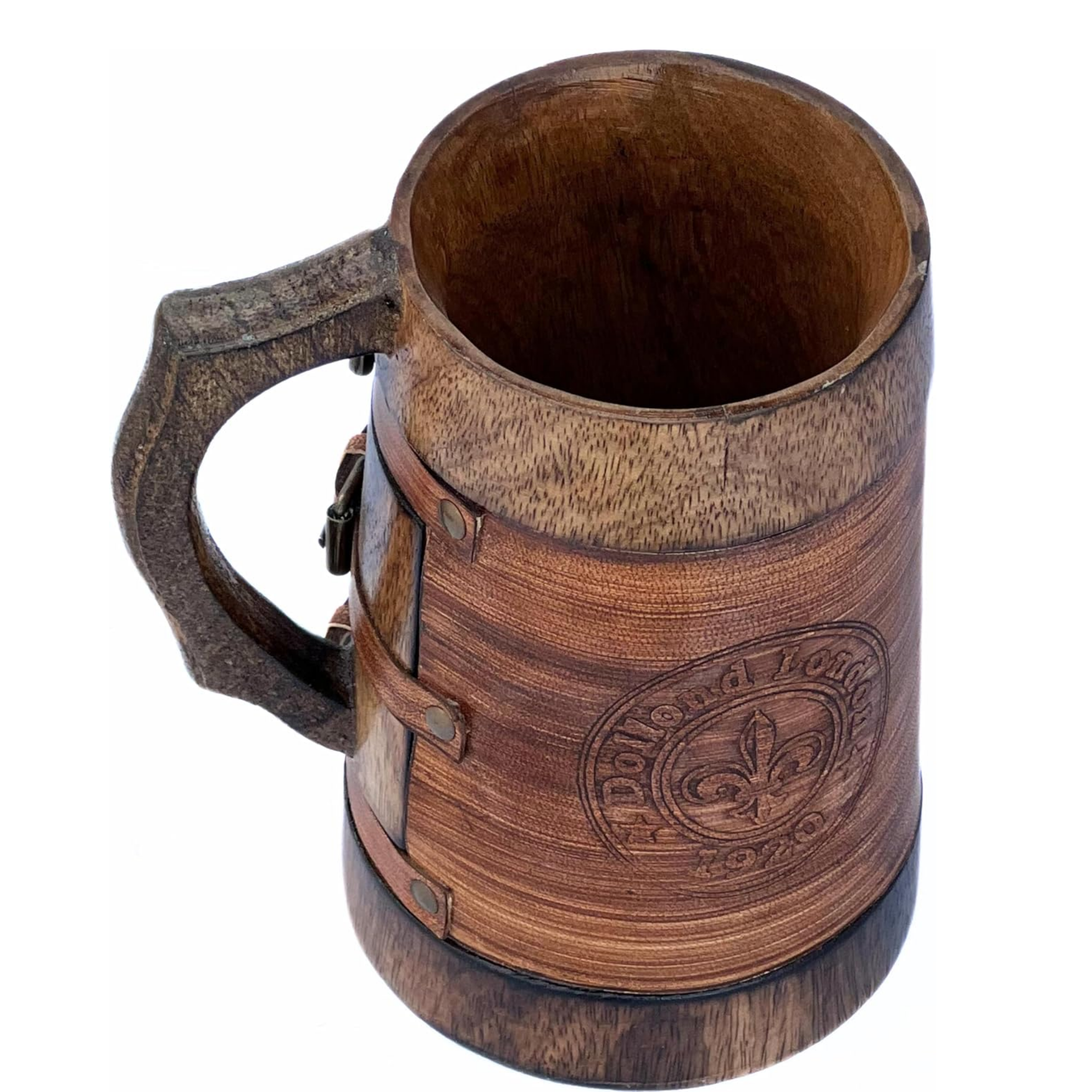 Antique Wooden Coffee Mug with Leather Wrap - Hand Carved Rustic Tankard 400ml