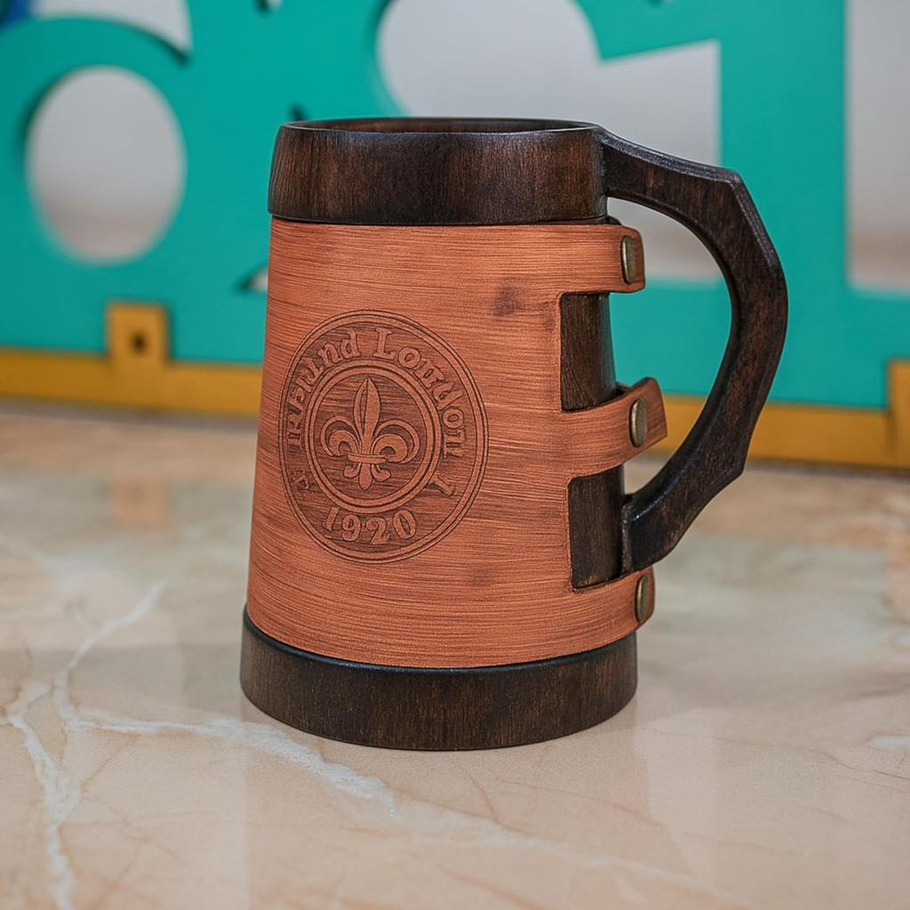 Antique Wooden Coffee Mug with Leather Wrap - Hand Carved Rustic Tankard 400ml
