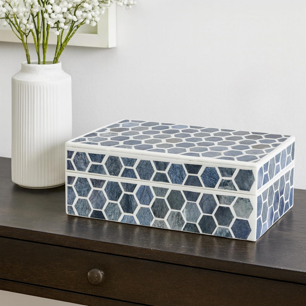 Bone Inlay Trinket Box - Large 7x5x4 Chevron Mosaic Jewelry Organizer