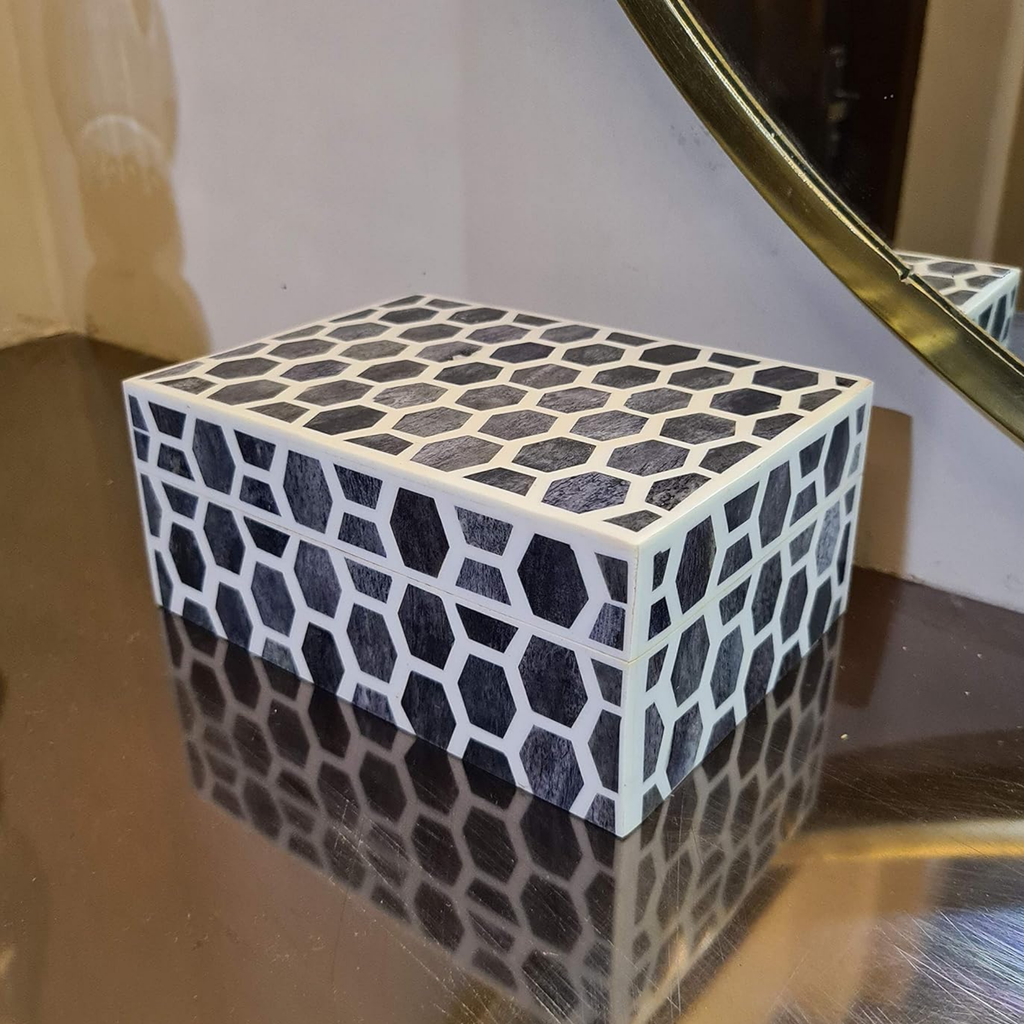 Bone Inlay Trinket Box - Large 7x5x4 Chevron Mosaic Jewelry Organizer