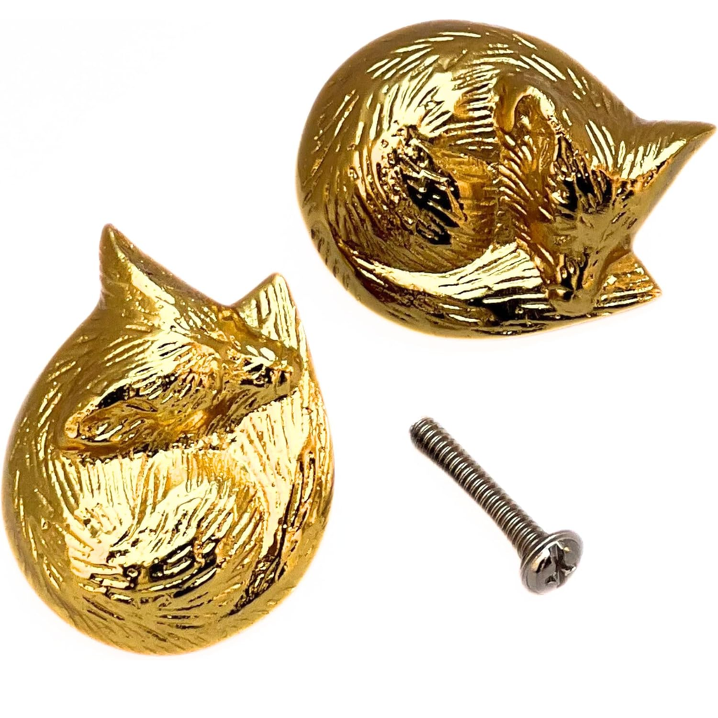Shiny Brass Sleeping Fox Cabinet Knobs – Animal Drawer Pulls for Room, Cupboard, Closet, Dresser & Furniture Hardware | Wood Decor Knob Set (Pack of 2)