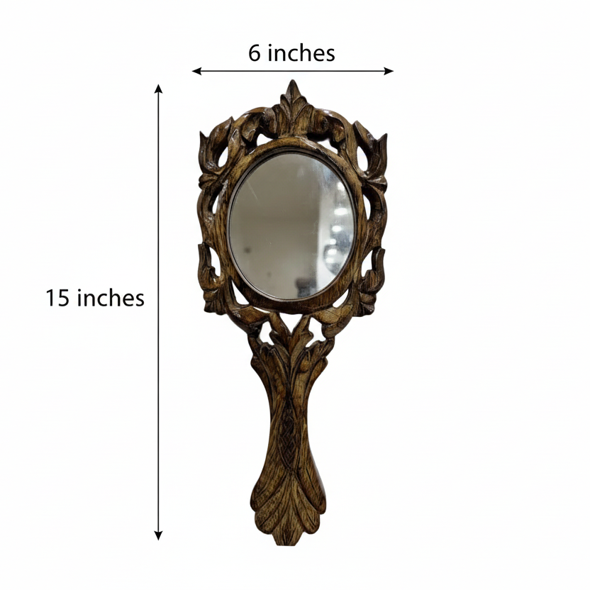 Handcrafted Mango Wood Oval Mirror - Carved Handheld Vanity Mirror with Engraved Design