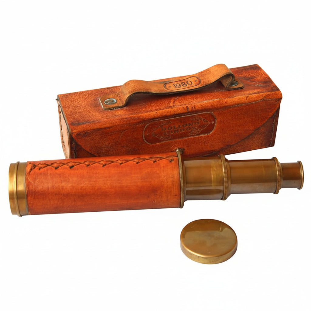 Brass Telescope Orange Leather Case - 15x Collapsible Dollond London 1920