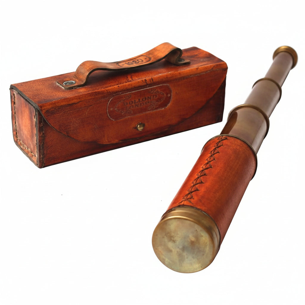 Brass Telescope Orange Leather Case - 15x Collapsible Dollond London 1920