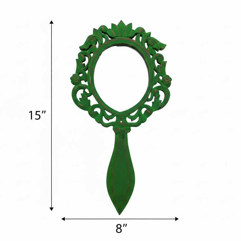 Vintage Green Wooden Handheld Mirror - Rustic Oval Vanity Mirror with Handle
