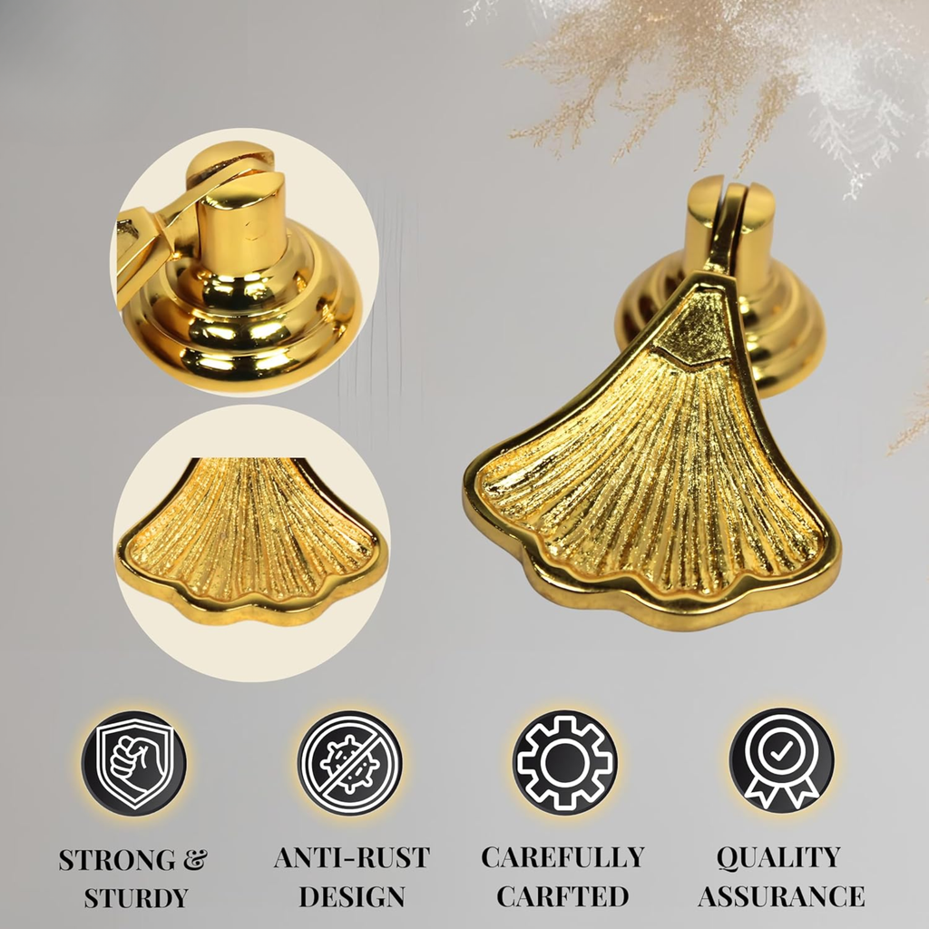 Shiny Brass Ginkgo Leaf Cabinet Knobs – Solid Brass Drawer Pulls Gold Finish Handles for Kitchen, Dresser, Wardrobe | Nature-Inspired Decorative Hardware