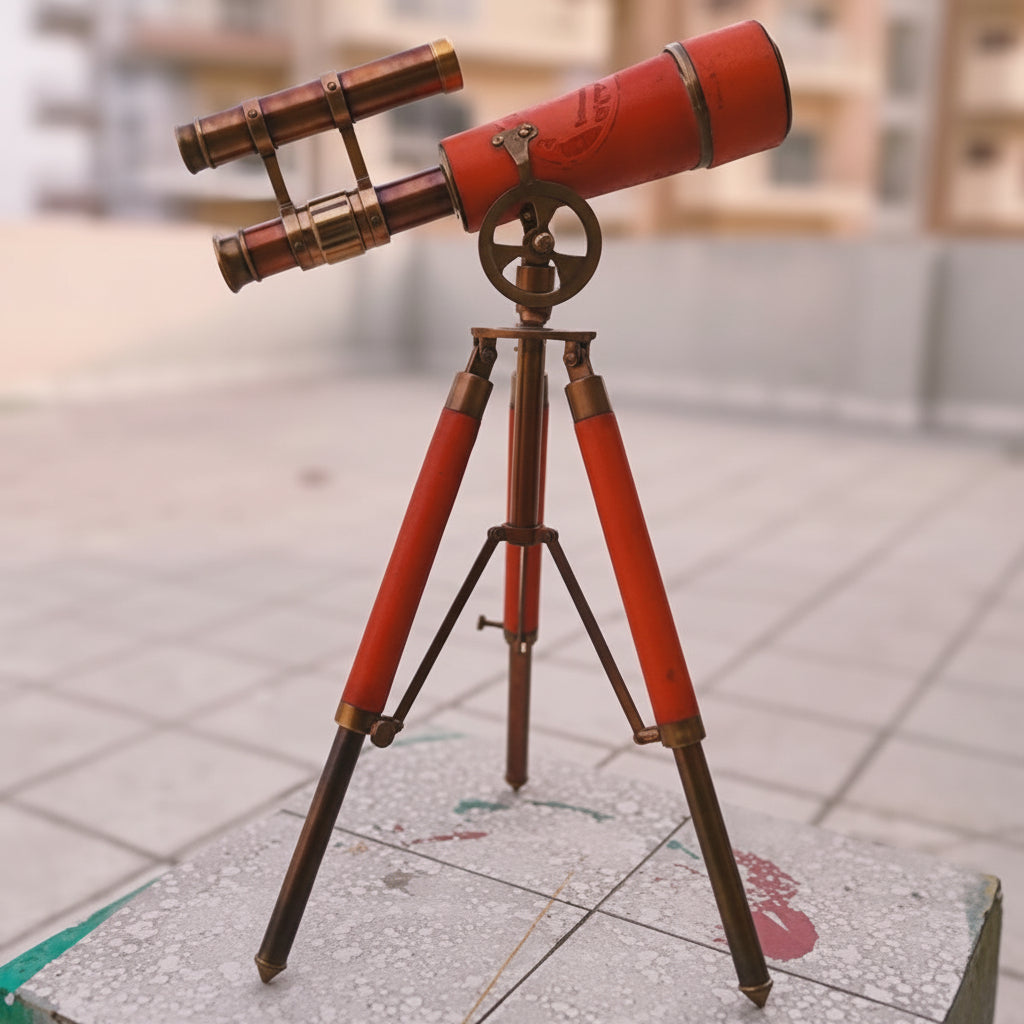Brass Spyglass Telescope Red Leather - 15x Magnification Wooden Tripod Nautical