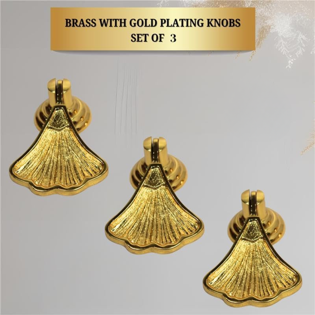 Shiny Brass Ginkgo Leaf Cabinet Knobs – Solid Brass Drawer Pulls Gold Finish Handles for Kitchen, Dresser, Wardrobe | Nature-Inspired Decorative Hardware