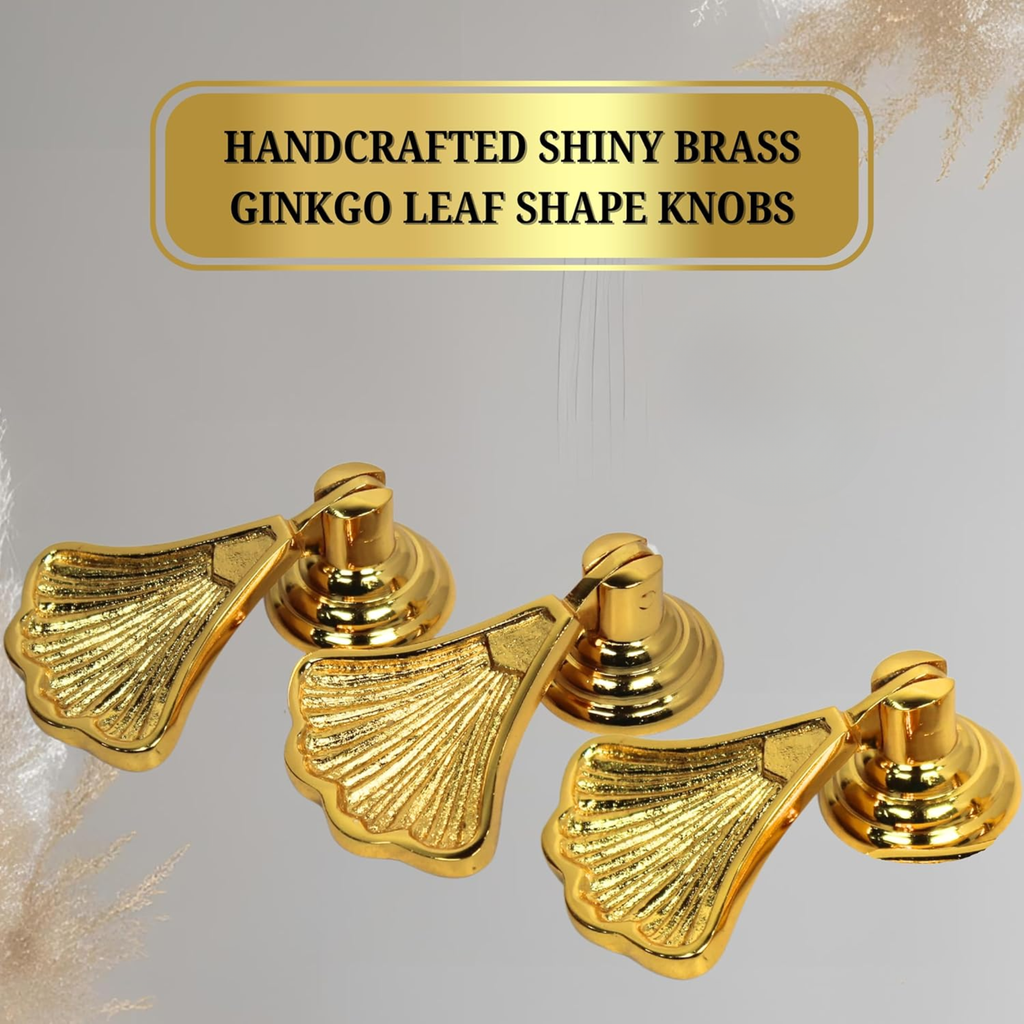Shiny Brass Ginkgo Leaf Cabinet Knobs – Solid Brass Drawer Pulls Gold Finish Handles for Kitchen, Dresser, Wardrobe | Nature-Inspired Decorative Hardware