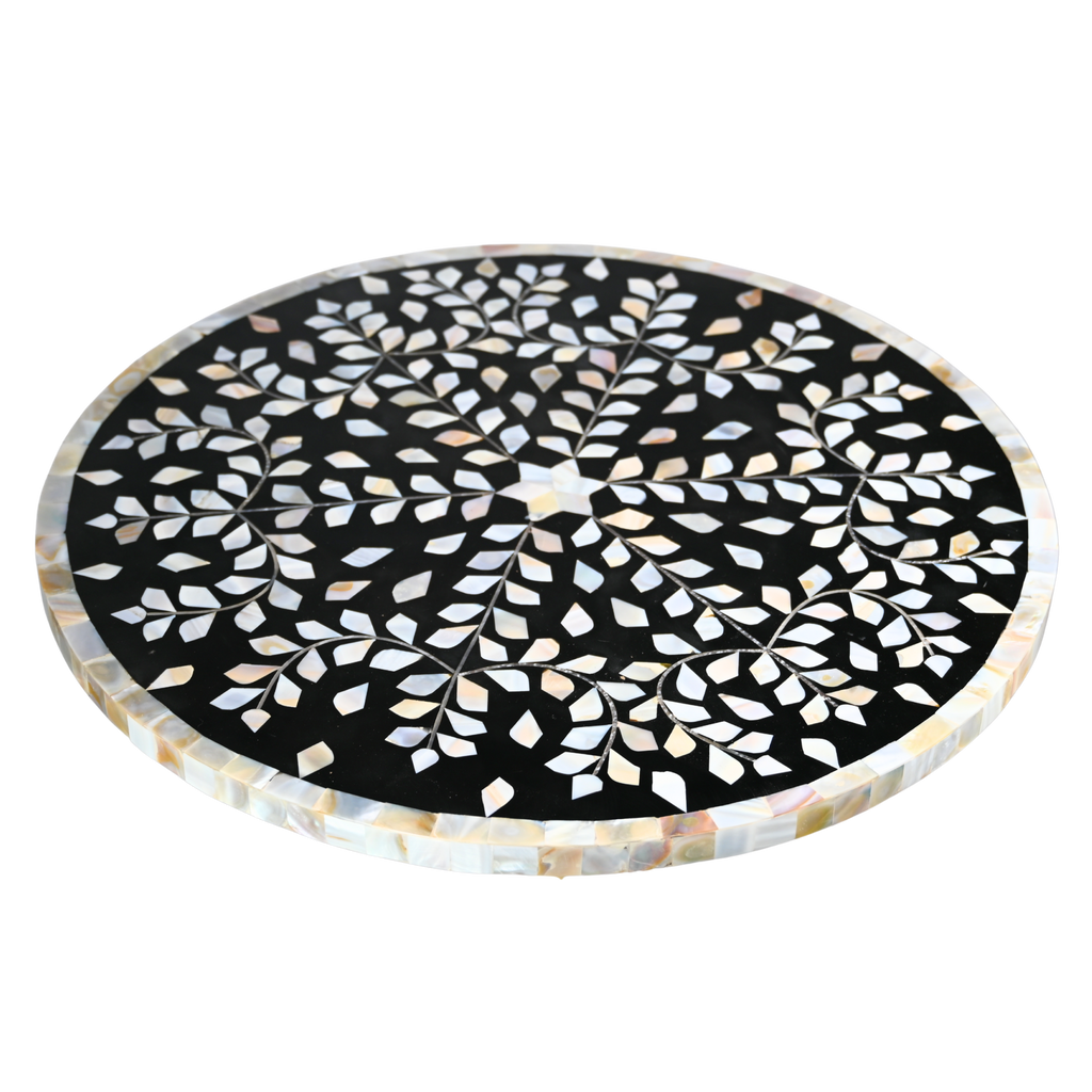 Handmade Black Mother of Pearl Side Table - Brass Stem & Floral Inlay