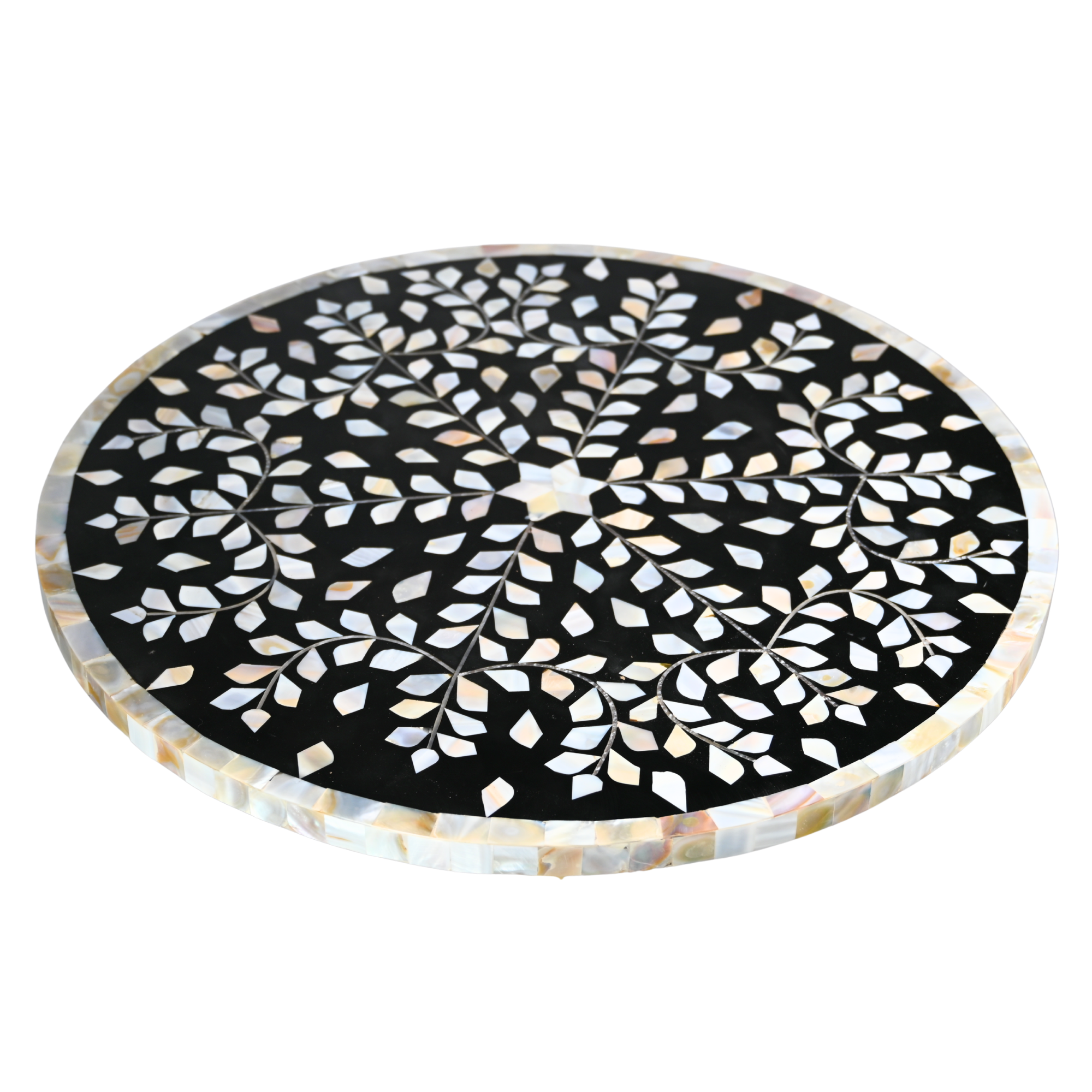 Handmade Black Mother of Pearl Side Table - Brass Stem & Floral Inlay