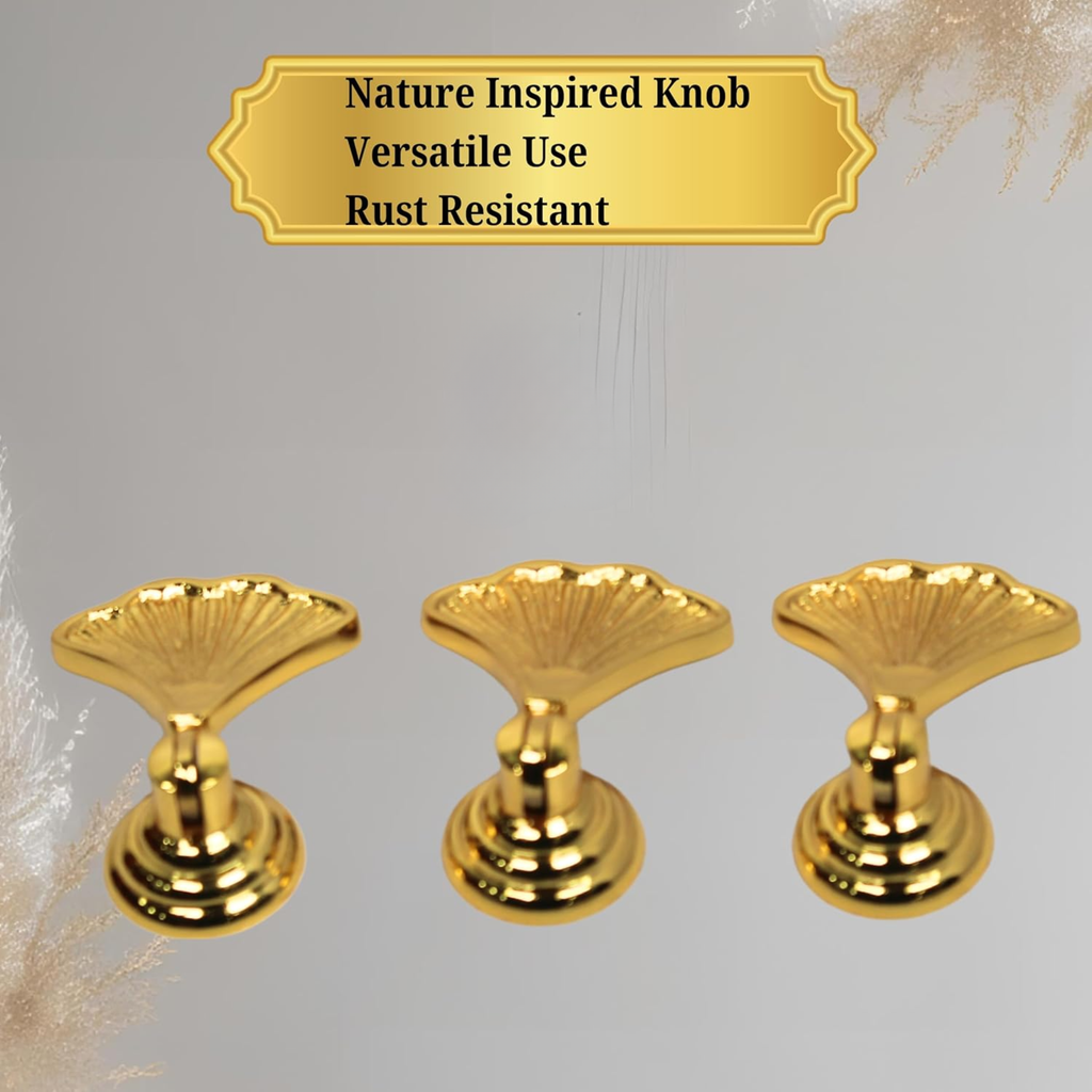 Shiny Brass Ginkgo Leaf Cabinet Knobs – Solid Brass Drawer Pulls Gold Finish Handles for Kitchen, Dresser, Wardrobe | Nature-Inspired Decorative Hardware