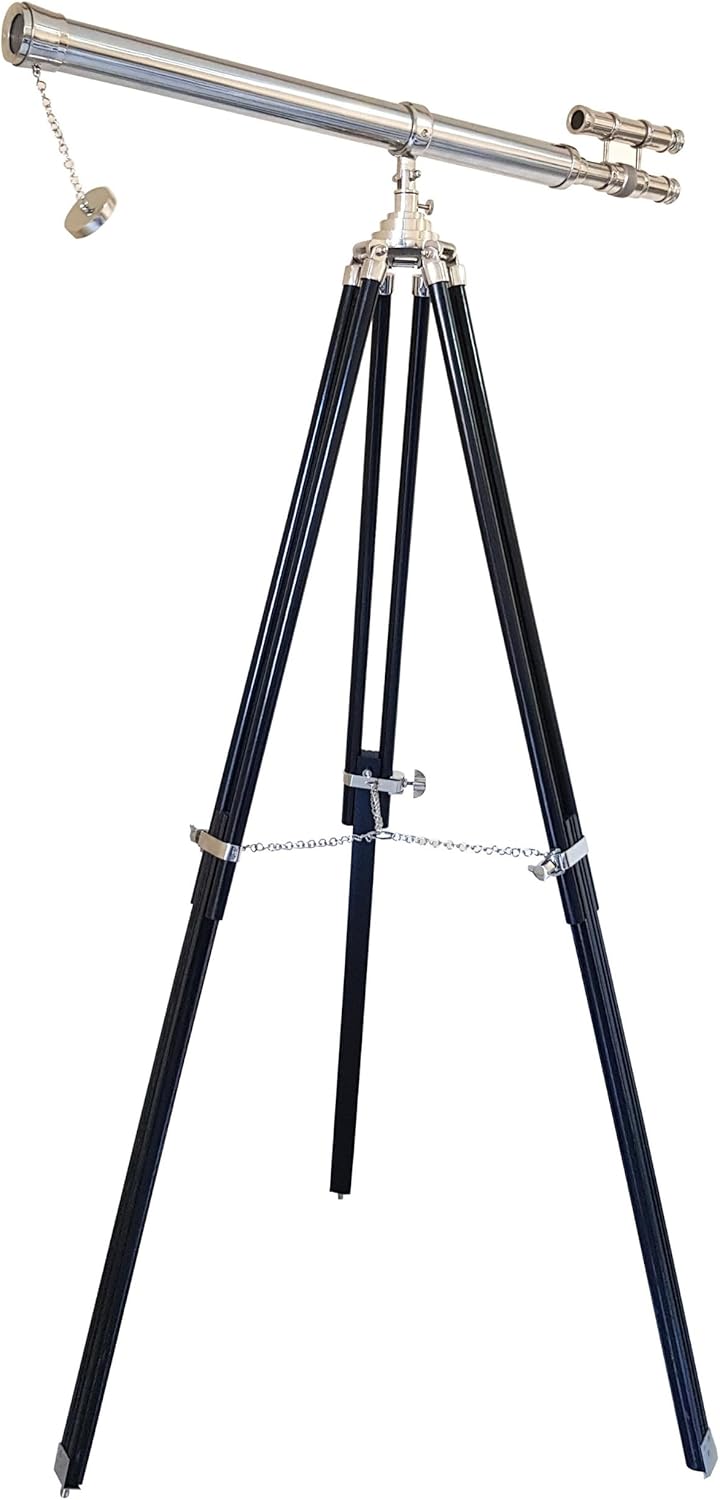 Nickel Silver Telescope - Floor Standing Black Tripod Navy Style 63 Inch