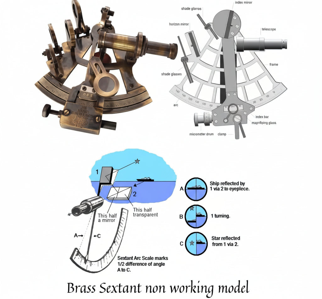 Brass Sextant Antique Navigation Instrument - German Model Wooden Case