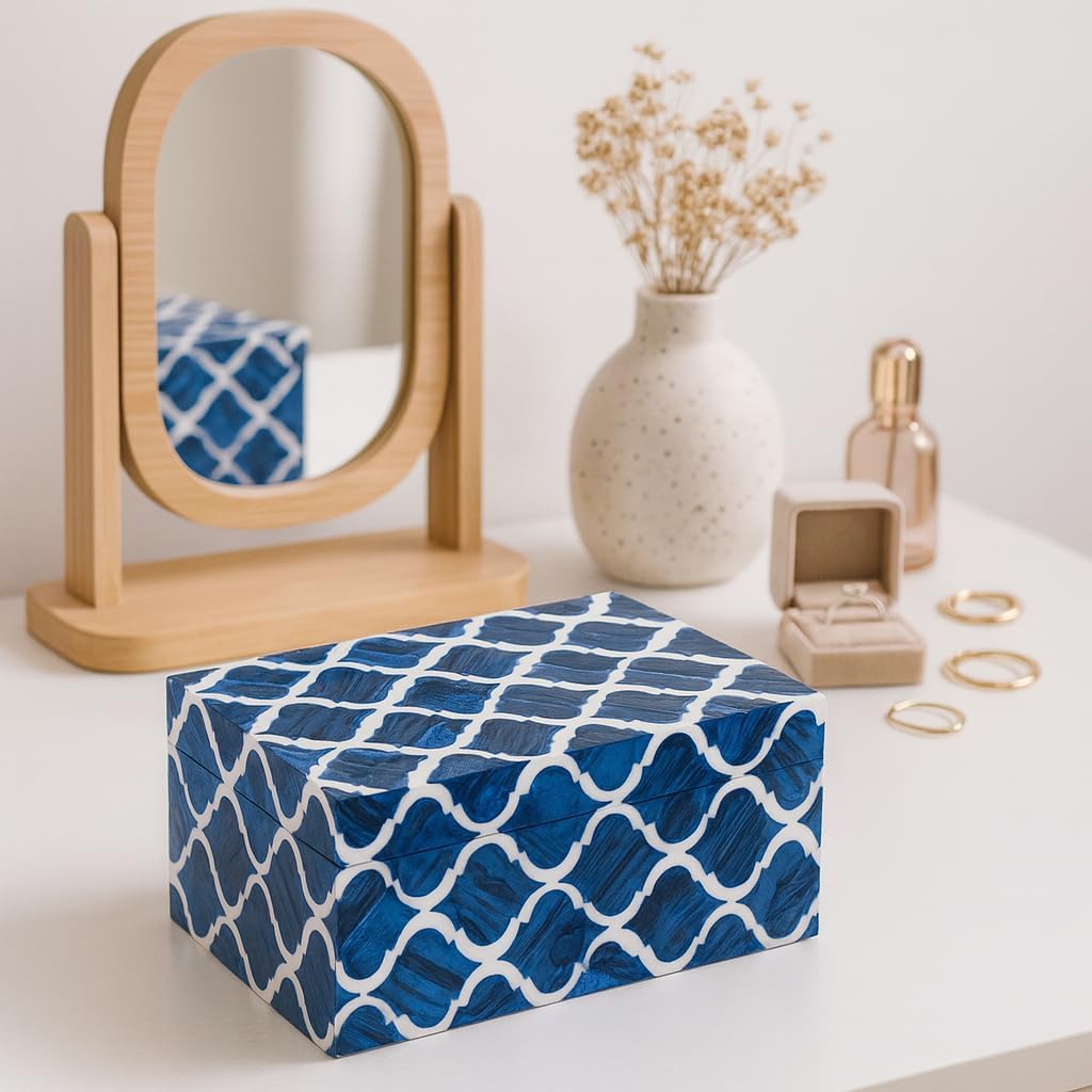 Handcrafted Blue & White Resin Inlay Jewelry Box - Antique Style Storage