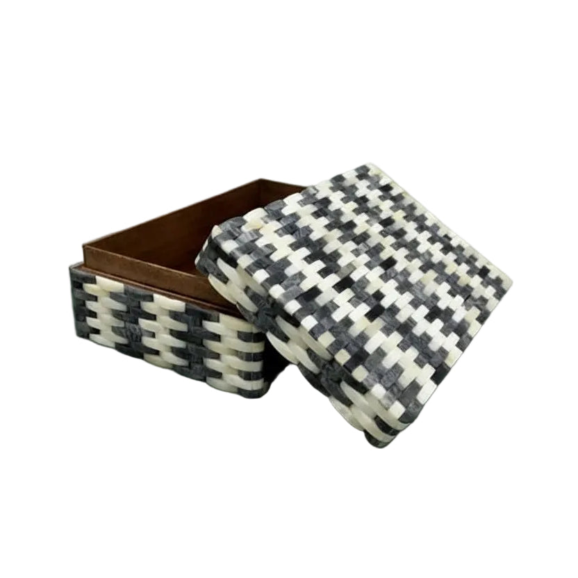 Handcrafted Bone Inlay Storage Box - White & Gray Wooden Jewelry Organizer