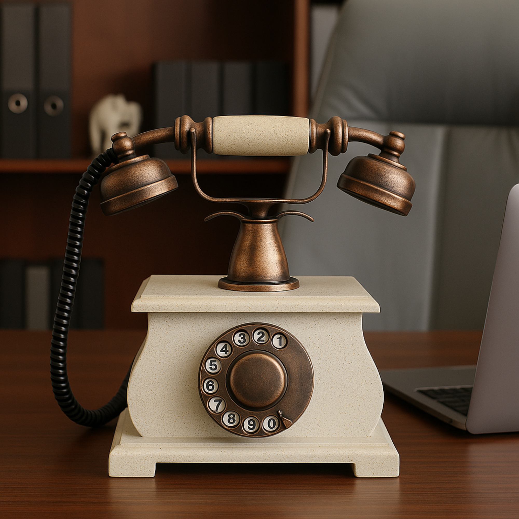 Vintage Rotary Dial Telephone - Antique Brass & White Decorative Showpiece