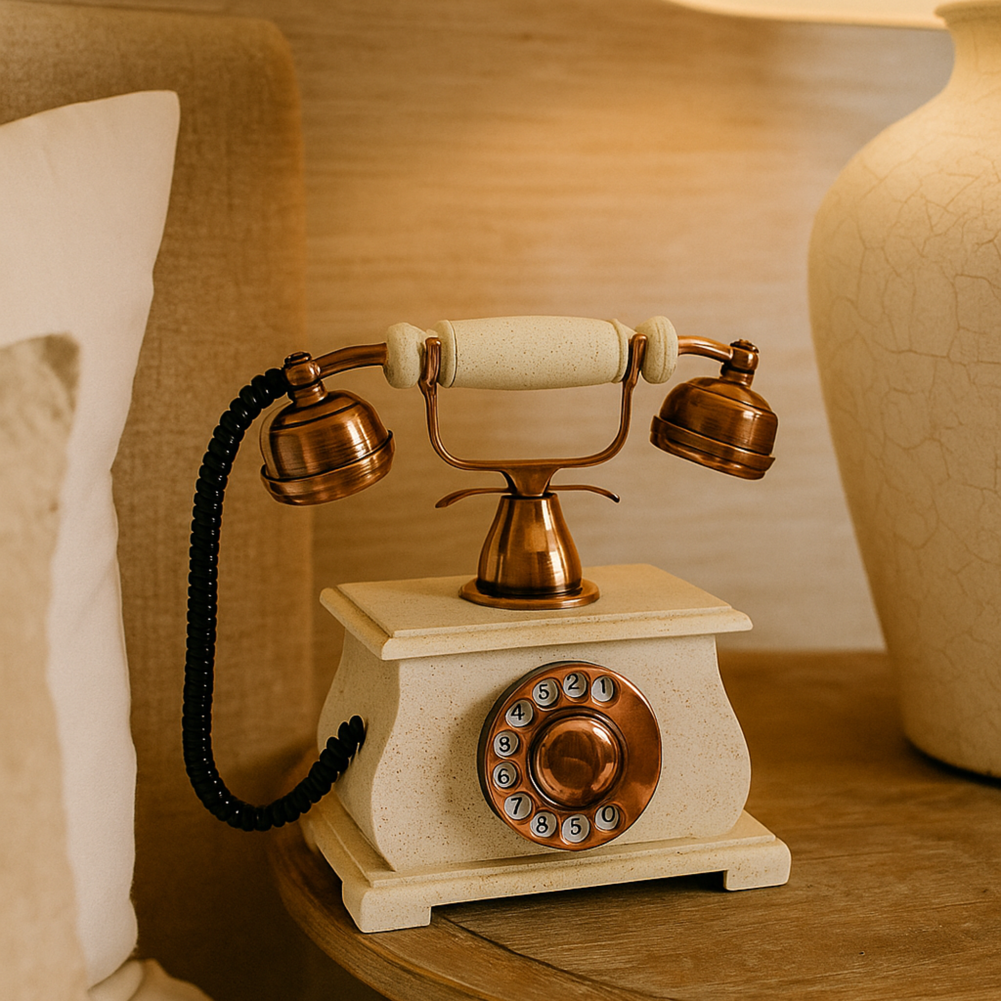 Vintage Rotary Dial Telephone - Antique Brass & White Decorative Showpiece