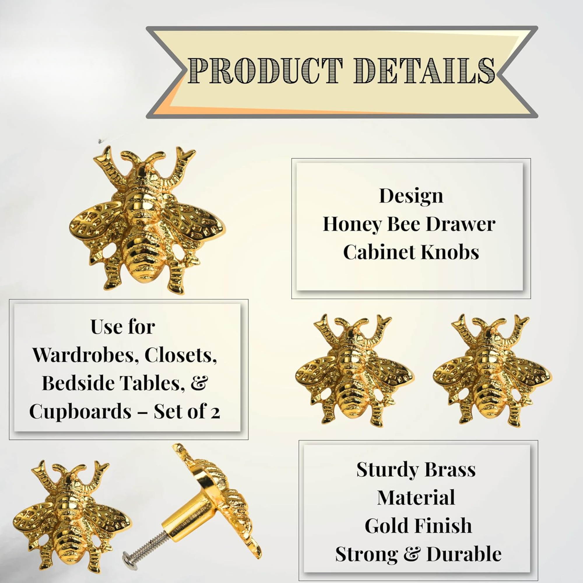 Shiny Brass Honey Bee Cabinet Knob – Golden Drawer Pull for Dresser, Kitchen, Wardrobe & Furniture | Vintage-Style Decorative Handle for Home DIY Decor
