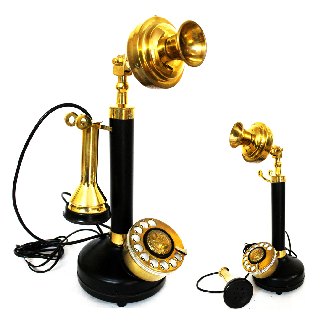 Black & Brass Candlestick Rotary Dial Telephone - Vintage Replica Showpiece