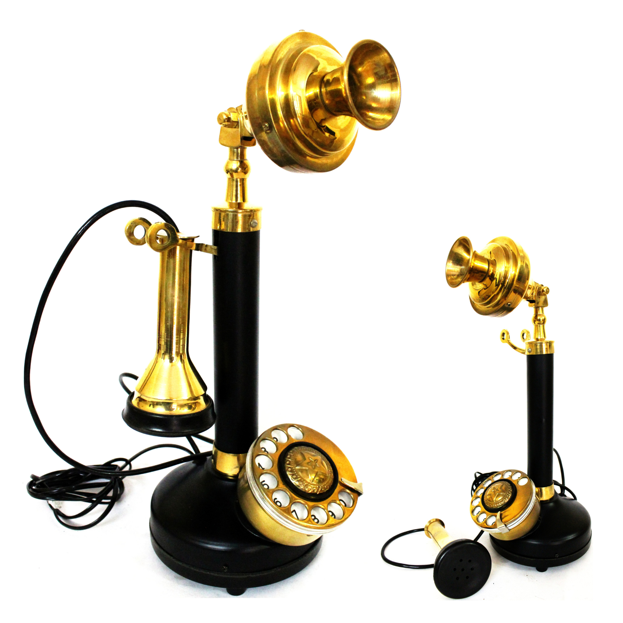 Black & Brass Candlestick Rotary Dial Telephone - Vintage Replica Showpiece