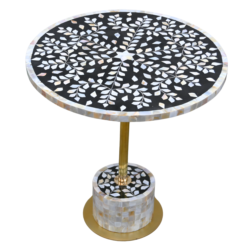 Handmade Black Mother of Pearl Side Table - Brass Stem & Floral Inlay