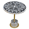 Handmade Black Mother of Pearl Side Table - Brass Stem & Floral Inlay