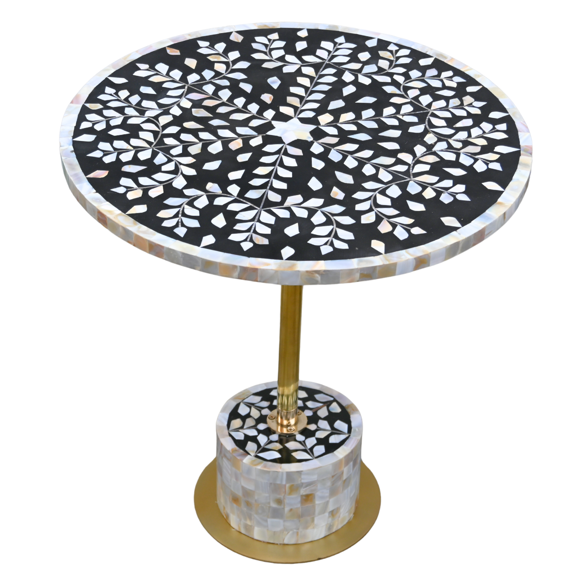 Handmade Black Mother of Pearl Side Table - Brass Stem & Floral Inlay