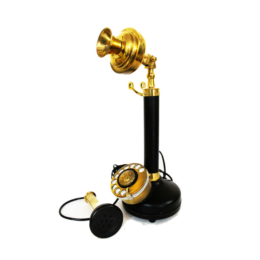 Black & Brass Candlestick Rotary Dial Telephone - Vintage Replica Showpiece