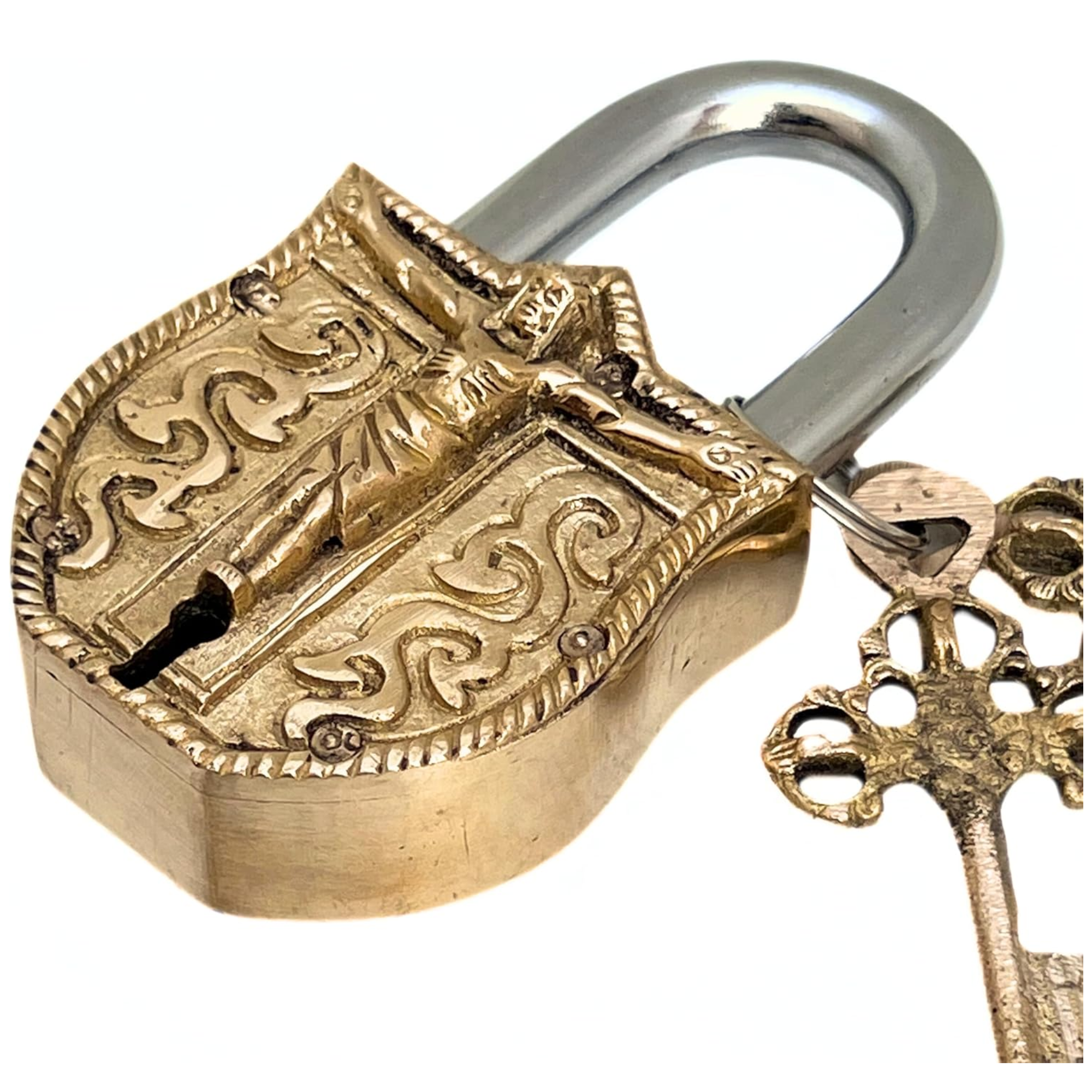 Brass Embossed Jesus Christ Padlock – Vintage Church Lock with Keys