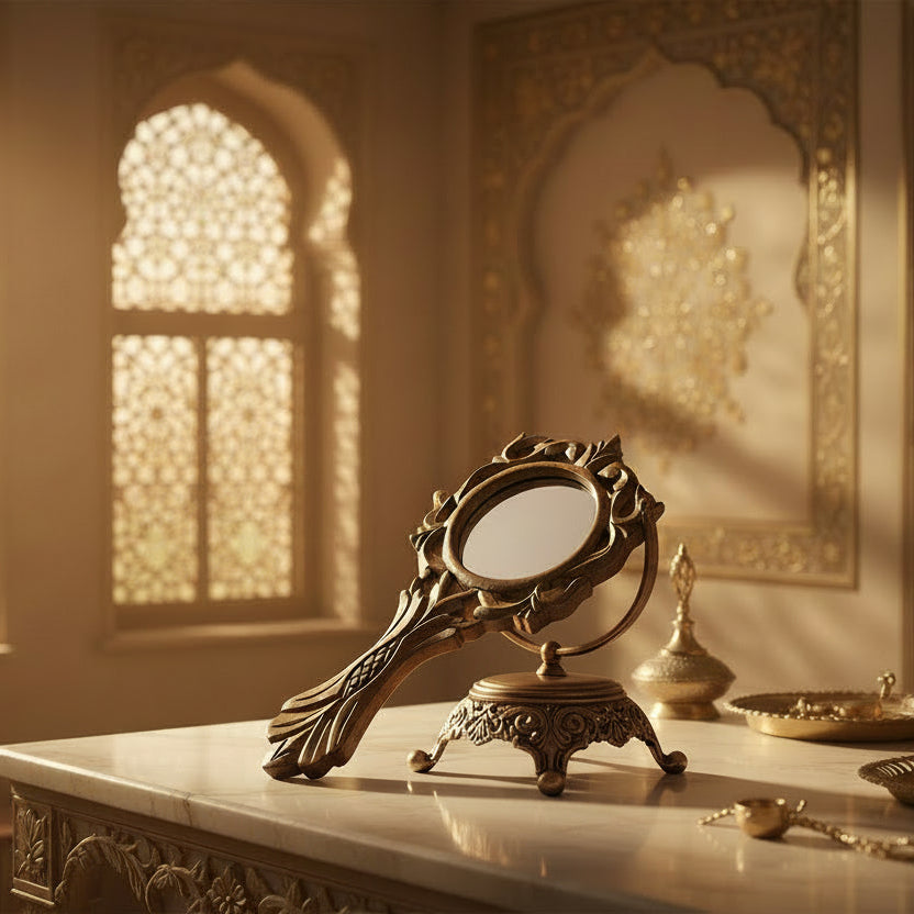 Handcrafted Mango Wood Oval Mirror - Carved Handheld Vanity Mirror with Engraved Design