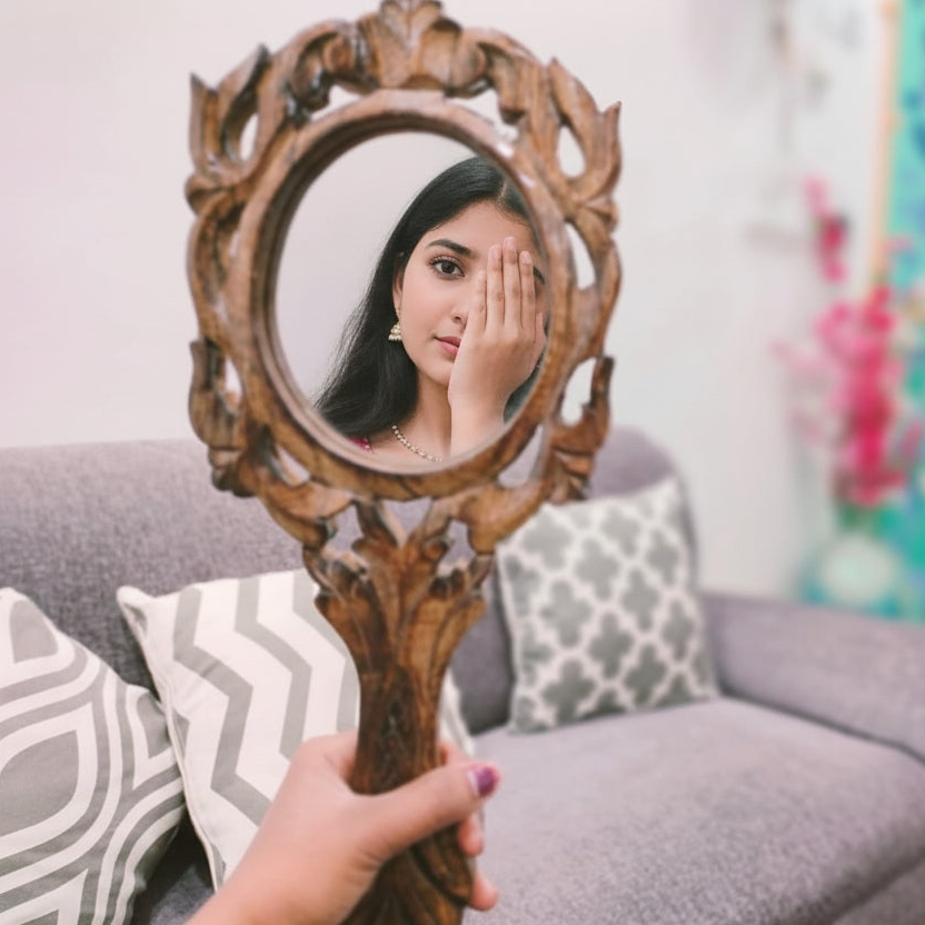 Handcrafted Mango Wood Oval Mirror - Carved Handheld Vanity Mirror with Engraved Design