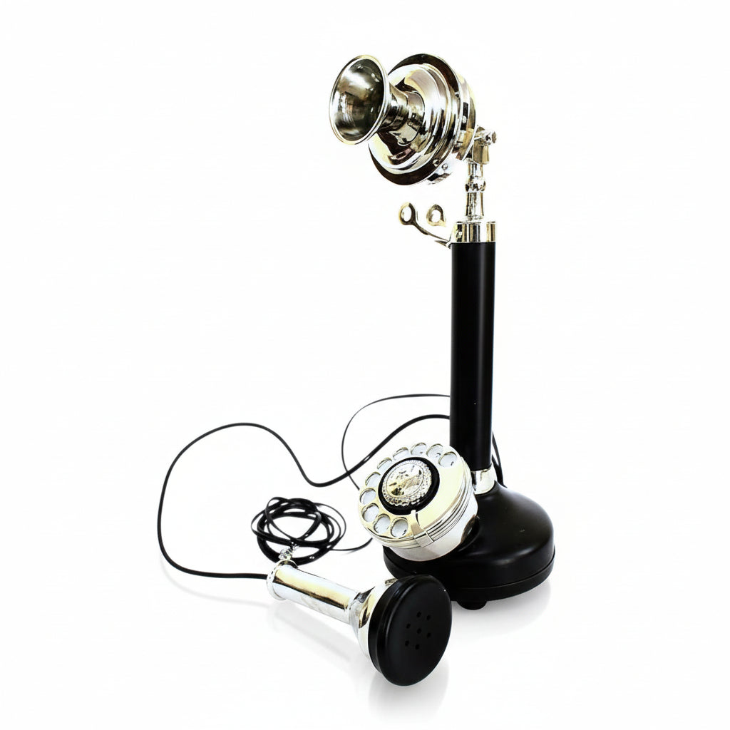 Nickel Finish Black Candlestick Rotary Dial Telephone - Victorian Desk Decor