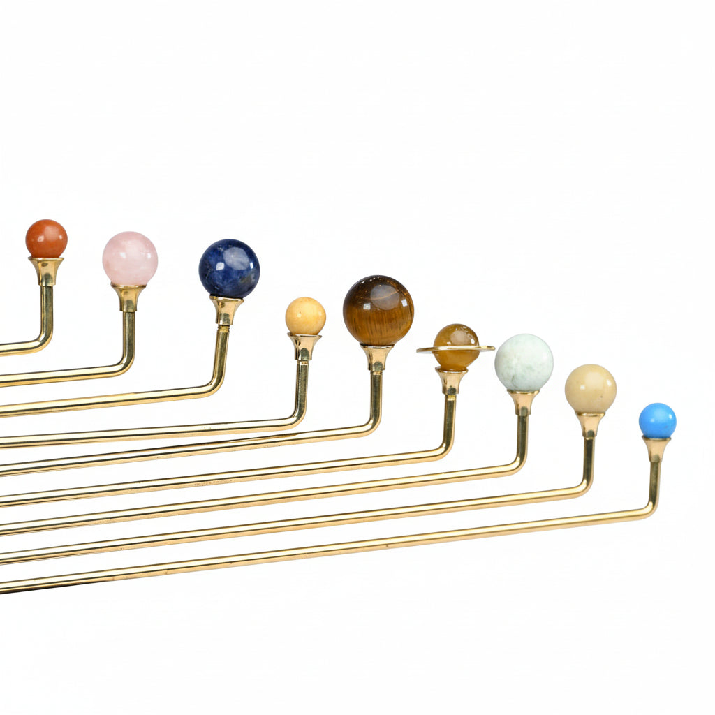 Luxury Gemstone Solar System Orrery - Handcrafted Brass & Natural Gemstone Planets