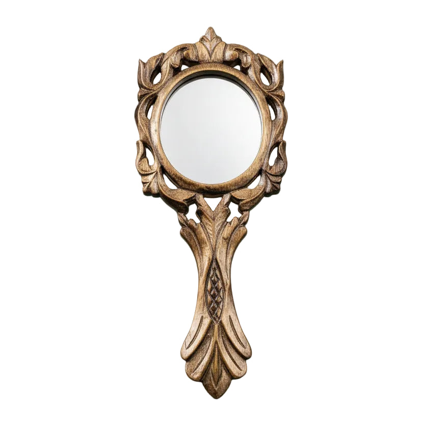 Handcrafted Mango Wood Oval Mirror - Carved Handheld Vanity Mirror with Engraved Design