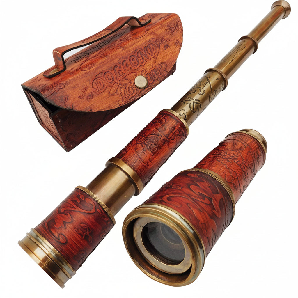 Antique Brass Pirate Telescope 18 Inch - Leather Wrap Handheld Spyglass