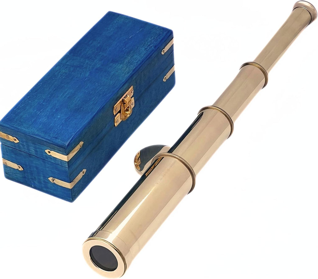 Brass Pirate Spyglass Telescope - 15x Magnification Blue Wooden Box Handheld