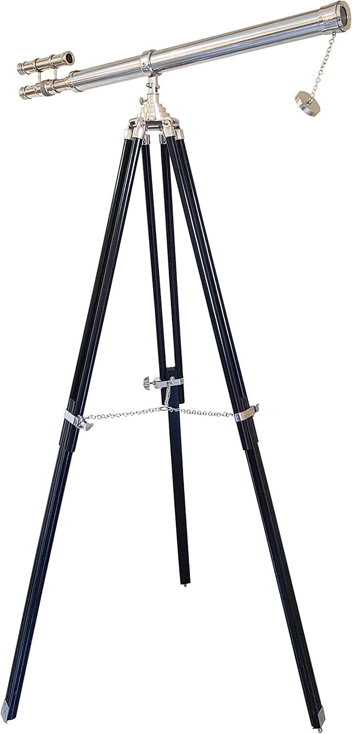 Nickel Silver Telescope - Floor Standing Black Tripod Navy Style 63 Inch