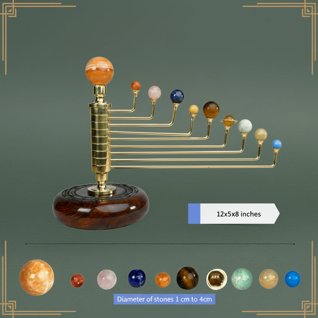 Luxury Gemstone Solar System Orrery - Handcrafted Brass & Natural Gemstone Planets