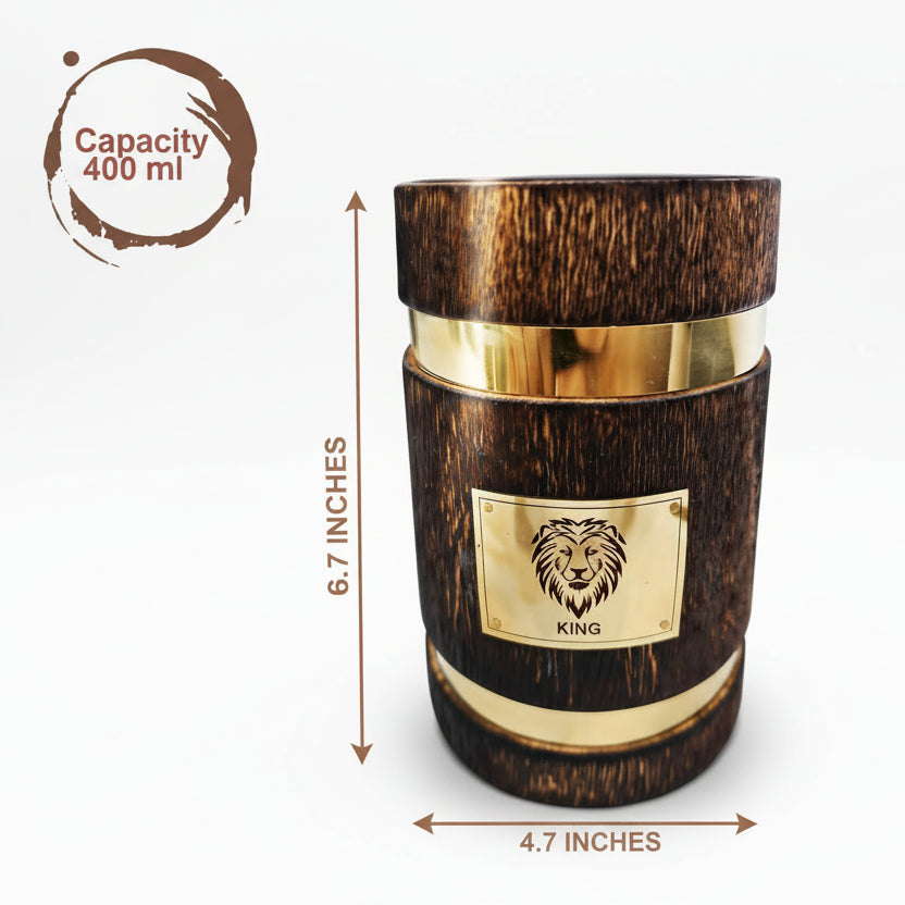 Antique Wooden Drinking Mug with Brass Lion King Logo - Handcrafted Viking Tankard
