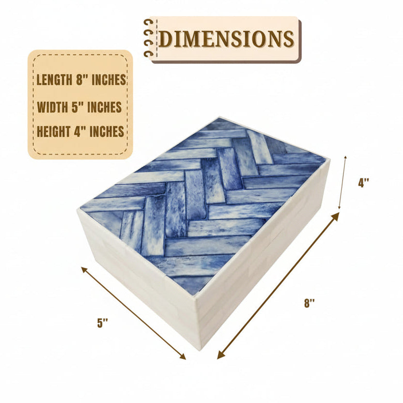 Handcrafted Blue Bone Inlay Box - Chevron Mosaic Jewelry Organizer